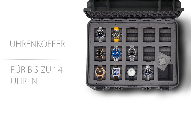 MC-CASES® Uhrenkoffer Transportkoffer für bis zu 14 Uhren - Wasserdicht - Abschließbar - Extrem geschützt -