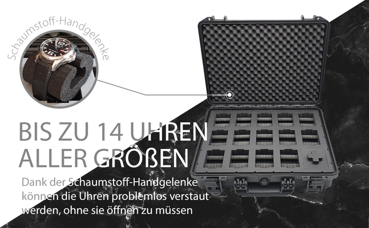 MC-CASES® Uhrenkoffer Transportkoffer für bis zu 14 Uhren - Wasserdicht - Abschließbar - Extrem geschützt -