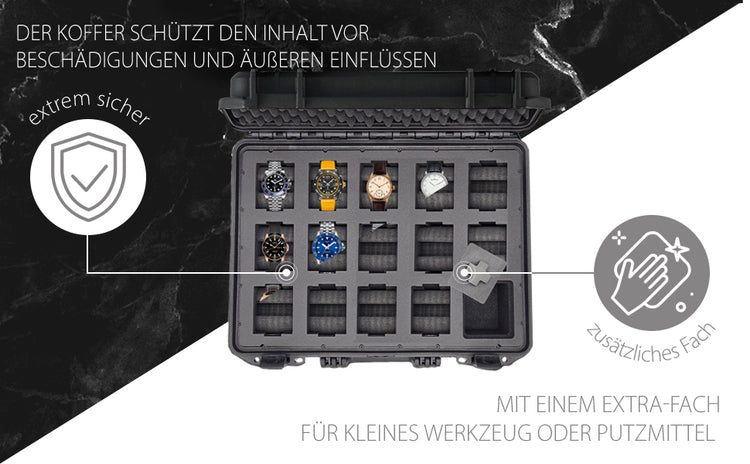 MC-CASES® Uhrenkoffer Transportkoffer für bis zu 14 Uhren - Wasserdicht - Abschließbar - Extrem geschützt -