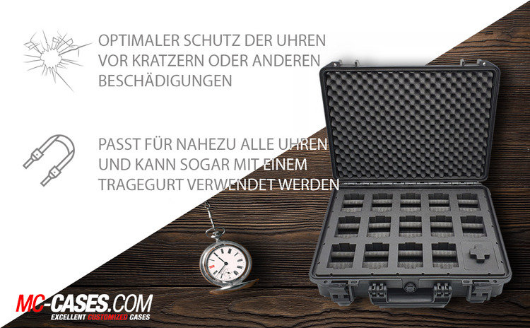 MC-CASES® Uhrenkoffer Transportkoffer für bis zu 14 Uhren - Wasserdicht - Abschließbar - Extrem geschützt -