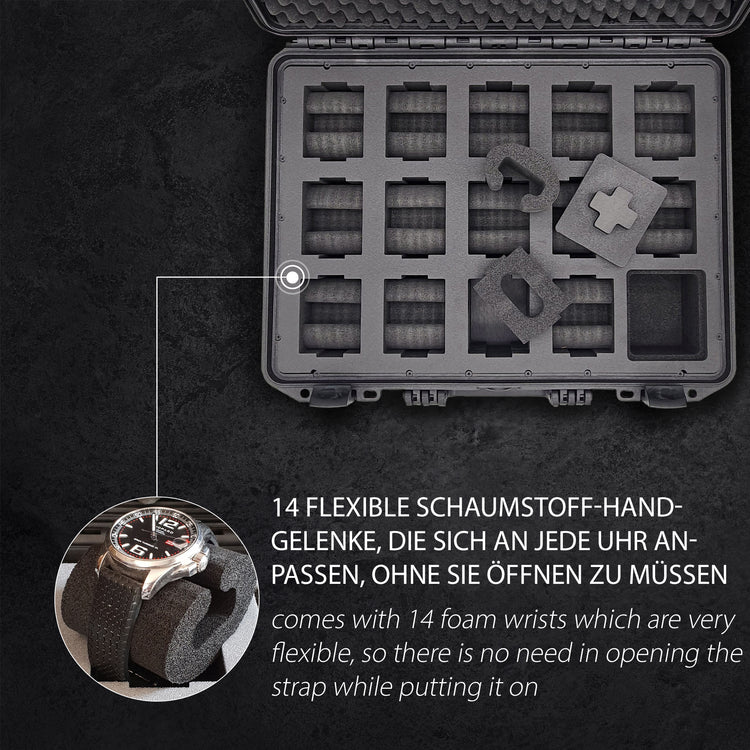 MC-CASES® Uhrenkoffer Transportkoffer für bis zu 14 Uhren - Wasserdicht - Abschließbar - Extrem geschützt -
