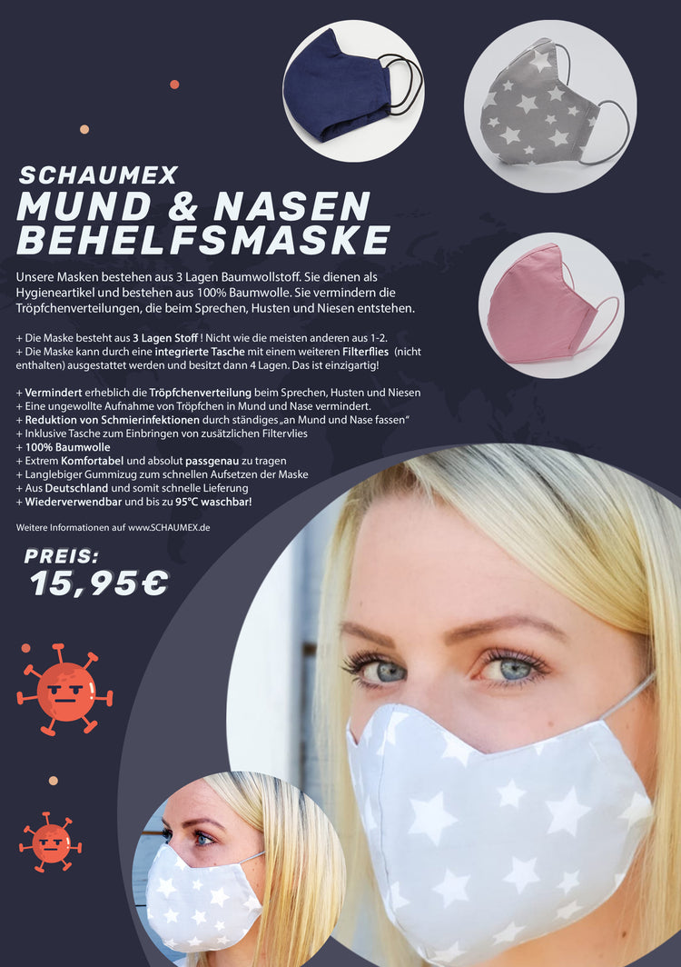 Behelfs- Mund und Nasenmasken aus 100% Baumwolle - 3 Lagen - Farbe: Rosa