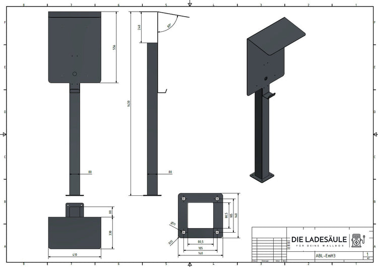 Ladesäule passend für ABL EMH3 Wallbox mit Dach | Ständer | Standfuß | Stele