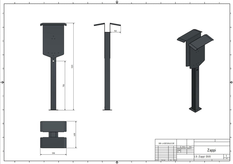 Doppel Ladesäule passend  für 2x Zappi Charger Wallbox mit Dach und Kabelhalter | Ständer | Standfuß | Stele