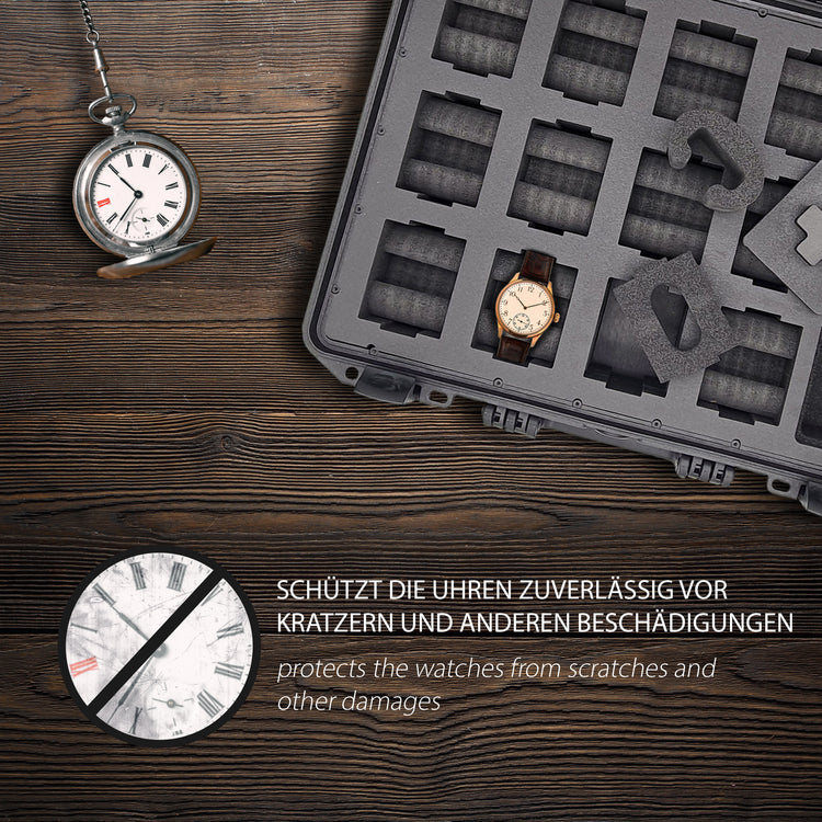 MC-CASES® Uhrenkoffer Transportkoffer für bis zu 14 Uhren - Wasserdicht - Abschließbar -  Extrem geschützt -
