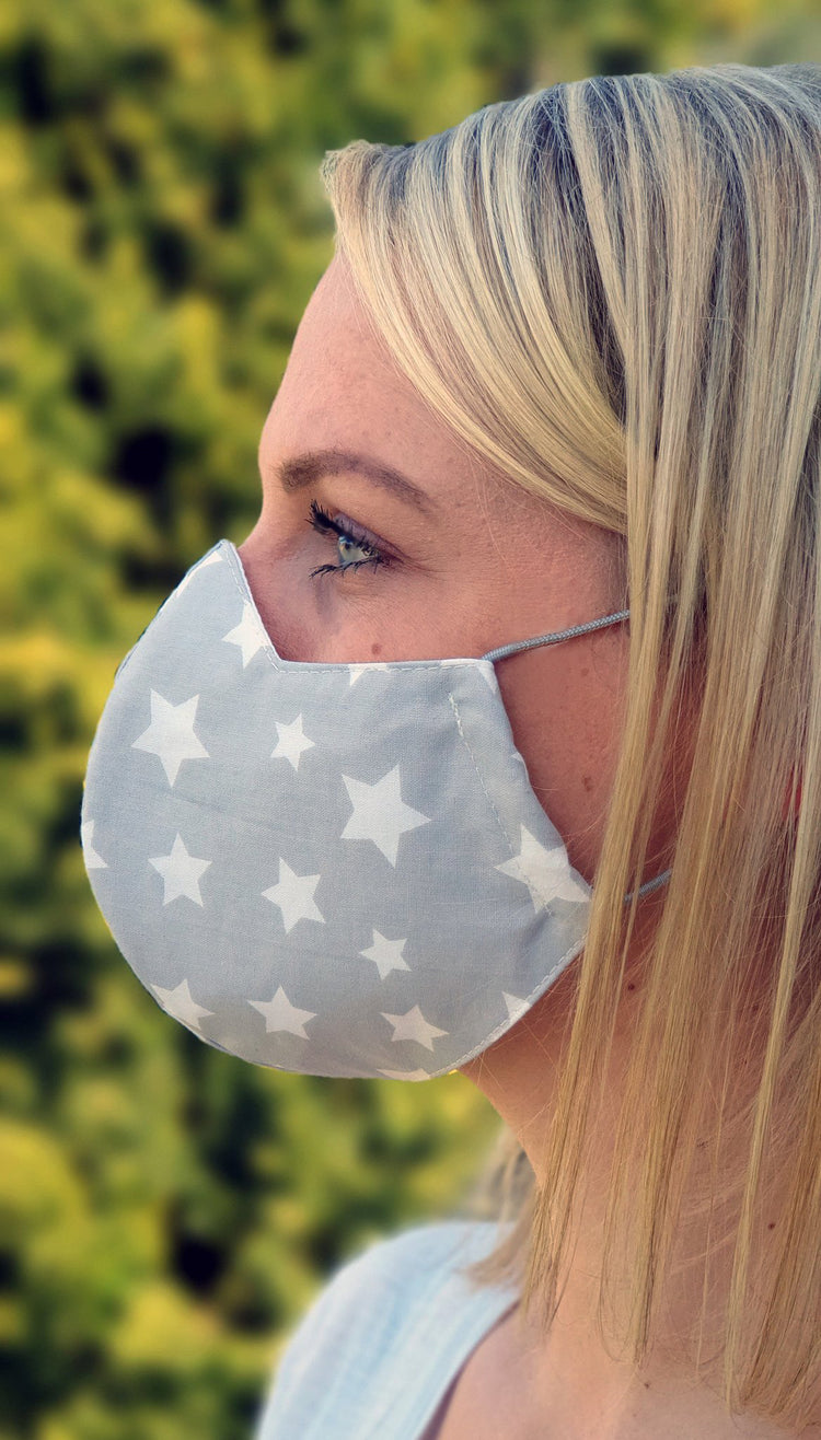 Behelfs- Mund und Nasenmasken aus 100% Baumwolle - 3 Lagen - Farbe: Grau mit Sternchen